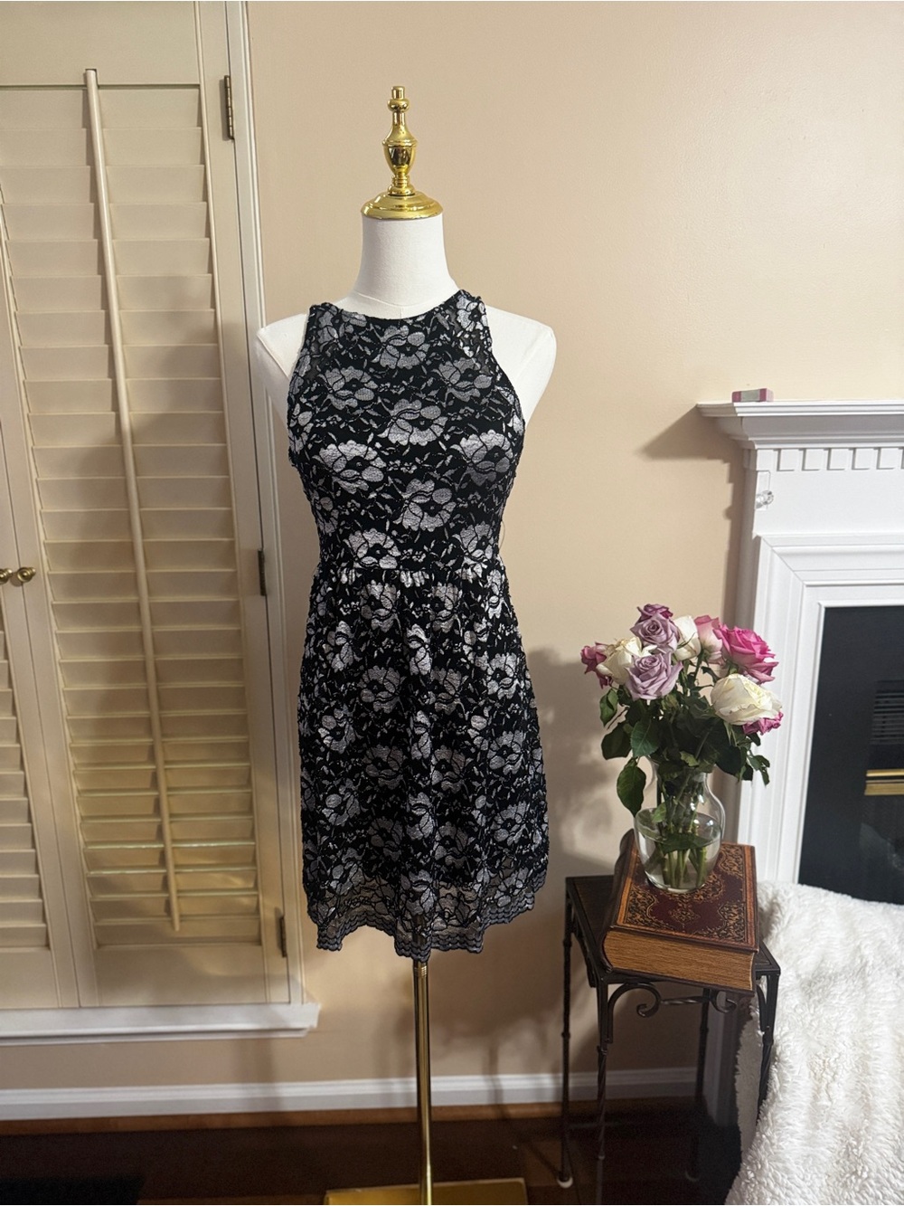 Black Lace Overlay Dress Top - Silver Underlay